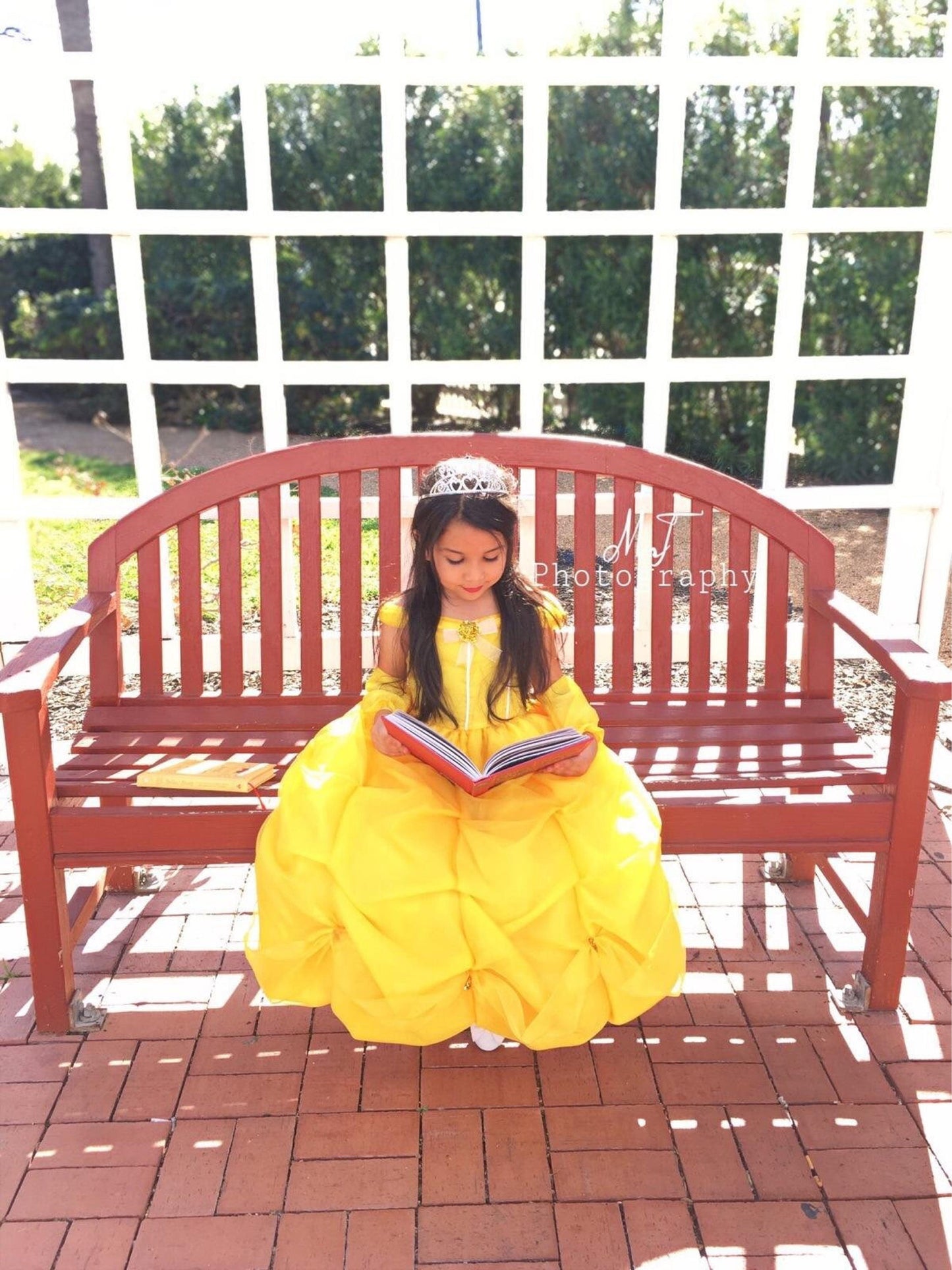 yellow princess dress with tiara sitting on red bench reading
