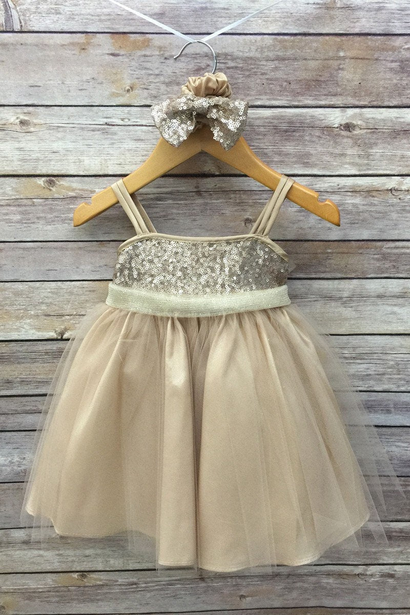 sequin tulle dress in champagne