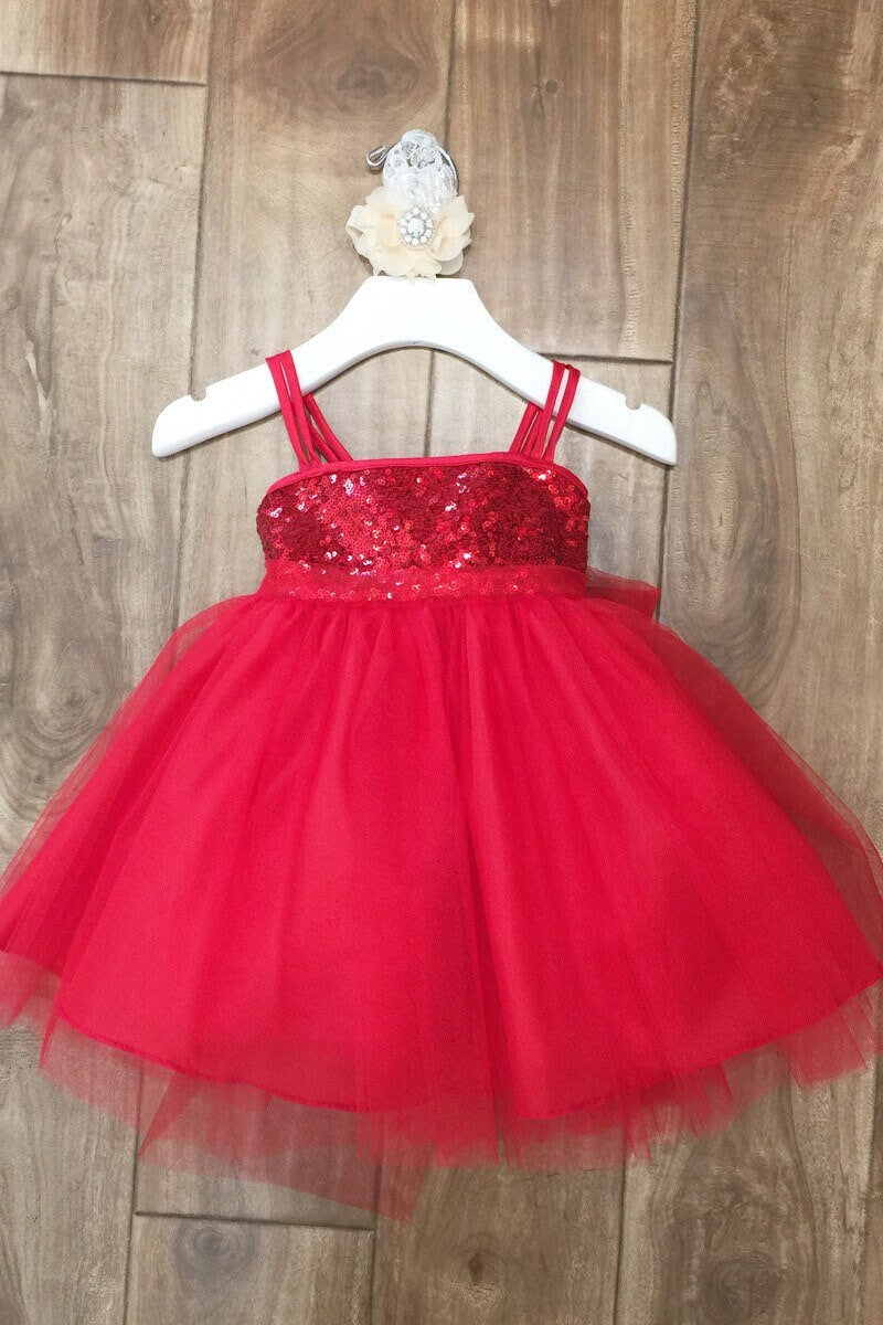 sequin tulle dress in red