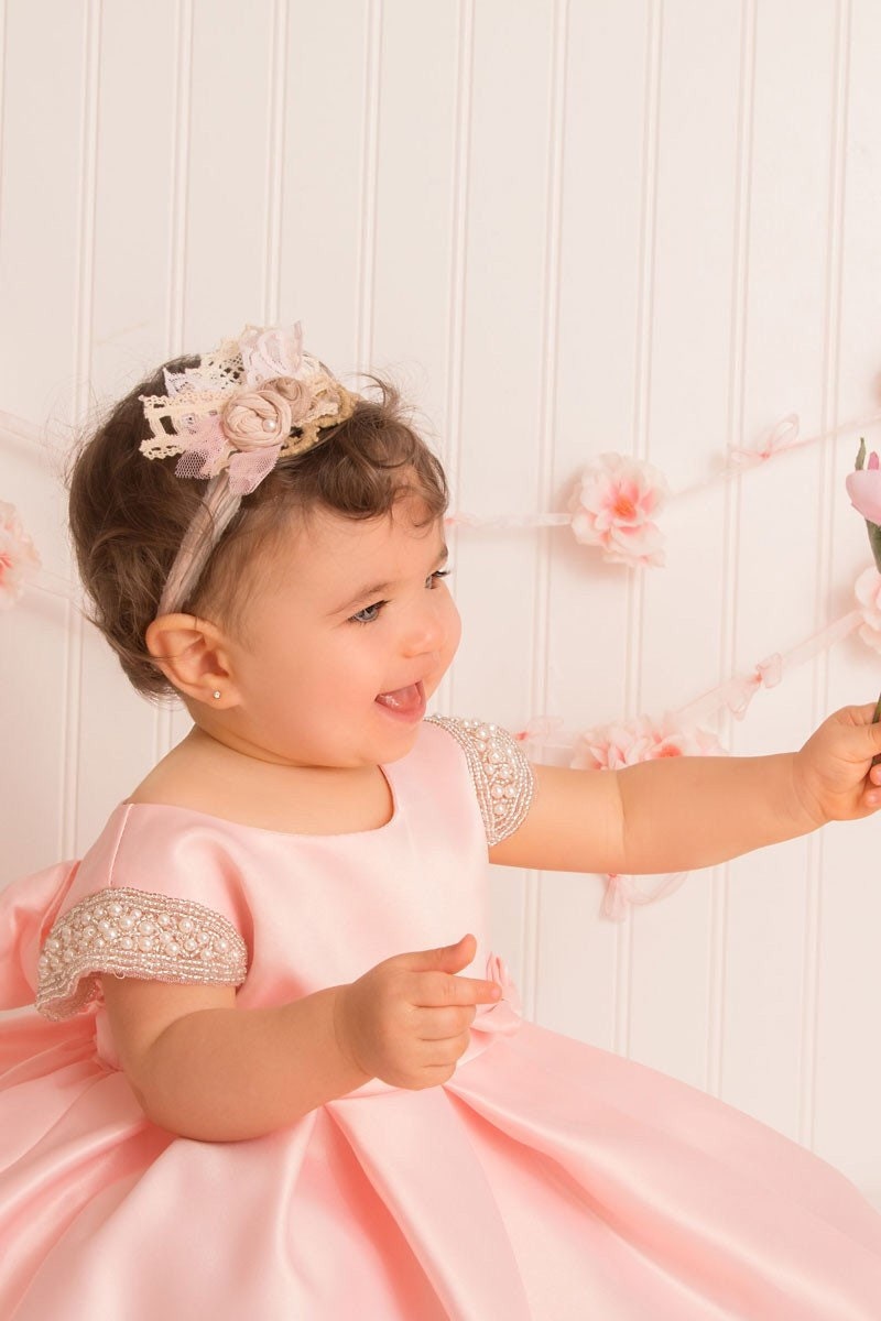 satin baby girl dress with cap sleeves and headband