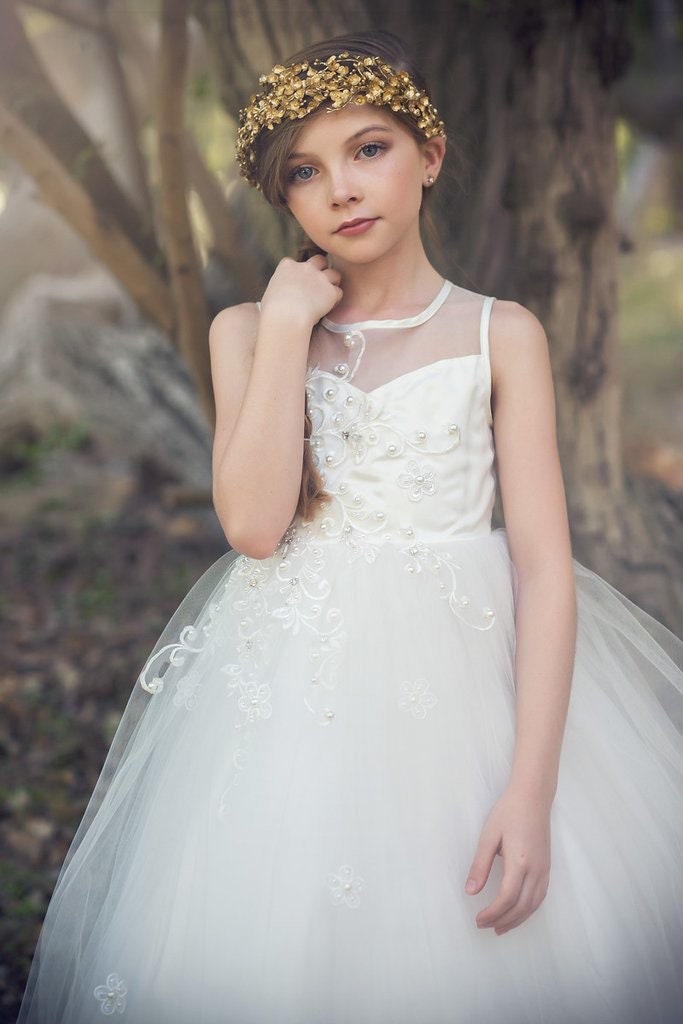 Emma's Magical Dream, ivory dress with illusion neckline and tulle overlay for the skirt