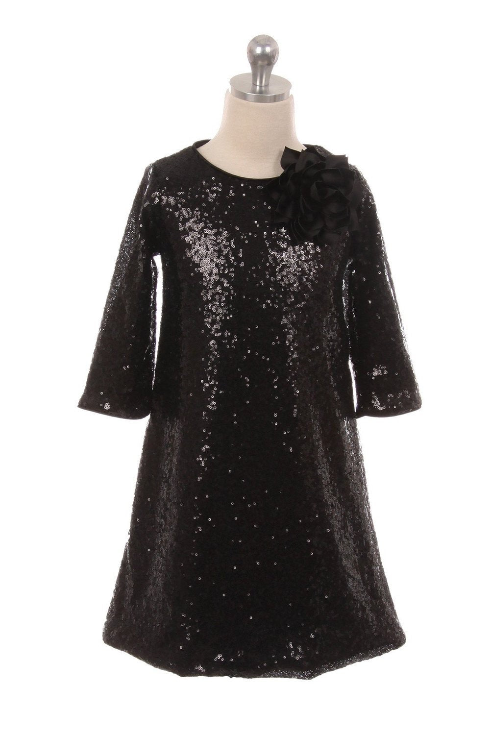 Emma's Magical Dream, sequin sleeve dress with hidden back zipper, removable flower on left shoulder, knee length with 3/4 sleeves, black