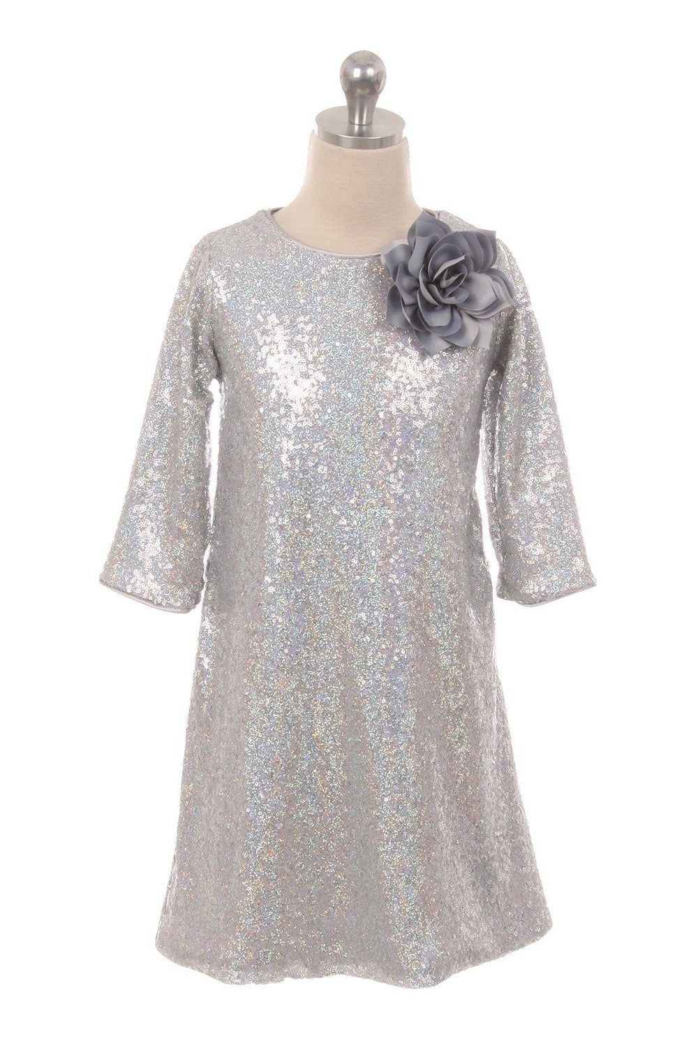 Emma's Magical Dream, sequin sleeve dress with hidden back zipper, removable flower on left shoulder, knee length with 3/4 sleeves, silver