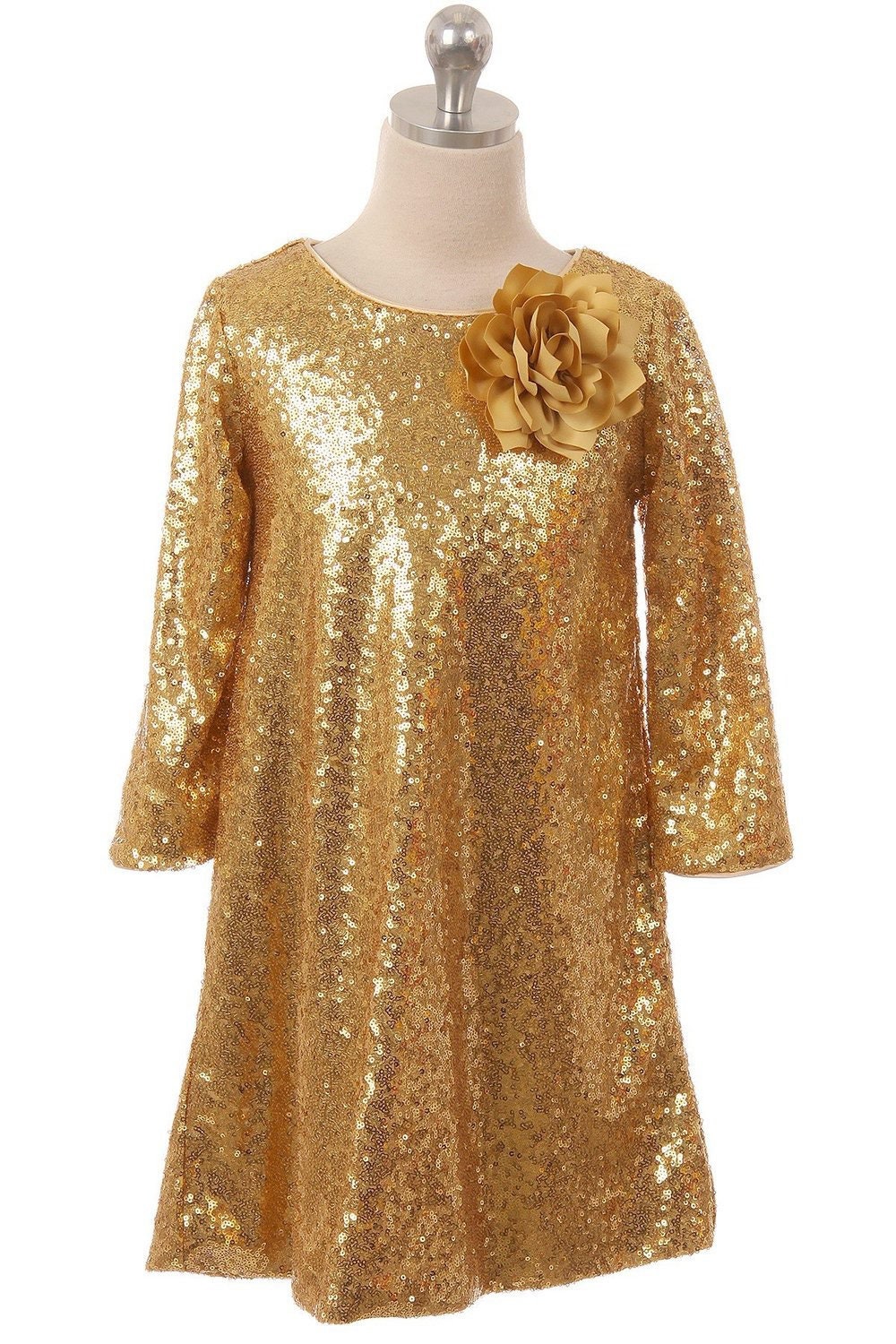 Emma's Magical Dream, sequin sleeve dress with hidden back zipper, removable flower on left shoulder, knee length with 3/4 sleeves, gold