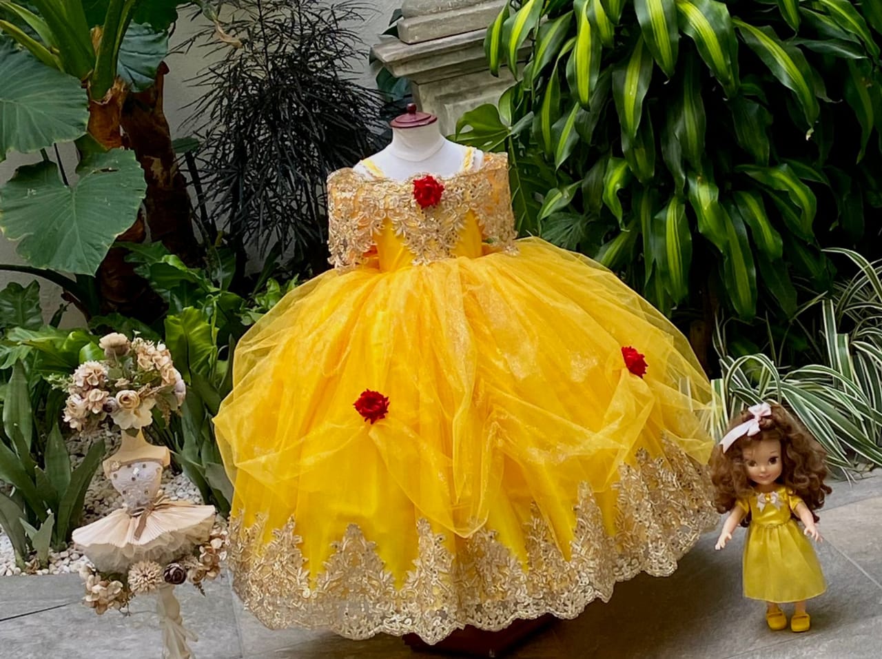 golden yellow dress with red roses