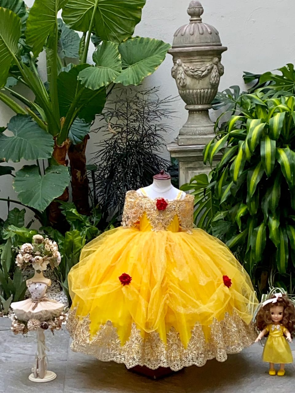 golden yellow dress with red roses 