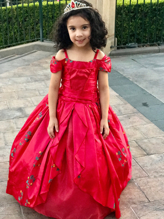 Emma's Magical Dream, ready to rule dress with crinoline skirt and red vibrant colors with floral overlay