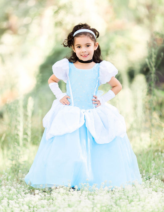 Emma's Magical Dream, wishing princess dress with tulle, crinoline skirt with volume, white pedal skirt, pouf sleeves and button up closure.