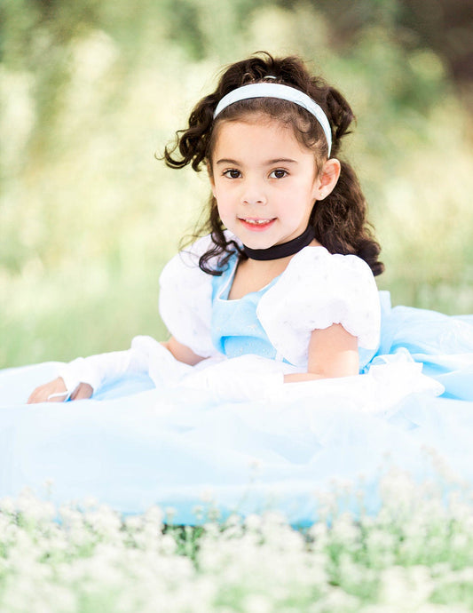 Emma's Magical Dream, wishing princess dress with tulle, crinoline skirt with volume, white pedal skirt, pouf sleeves and button up closure.