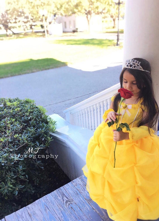yellow handmade princess dress with tiara and bustle