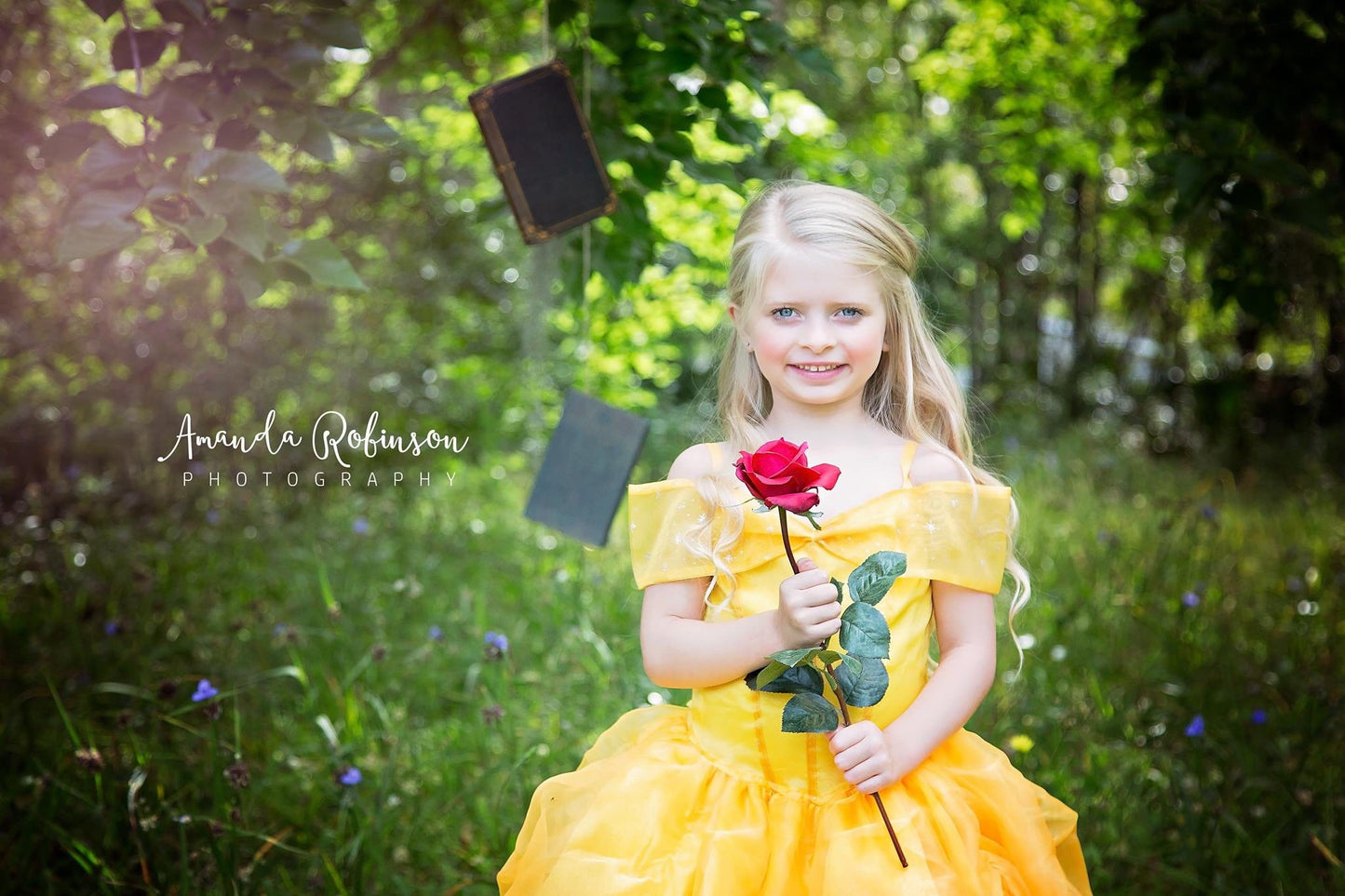 Emma's Magical Dream, yellow Princess dress with ruched ankle length bodice with off the shoulder straps, has rose and bow appliques