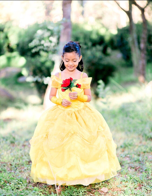 Emma's Magical Dream, yellow Princess dress with ruched ankle length bodice with off the shoulder straps, has rose and bow appliques