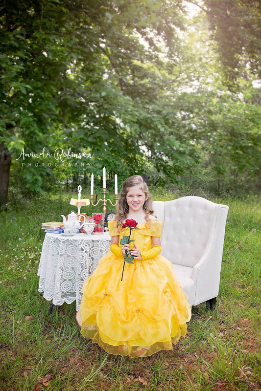 Emma's Magical Dream, yellow Princess dress with ruched ankle length bodice with off the shoulder straps, has rose and bow appliques 