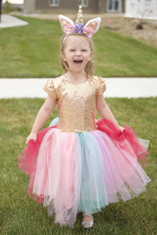Emma's Magical Dream, unicorn dress, colorful tulle, sequin bodice and unicorn headband