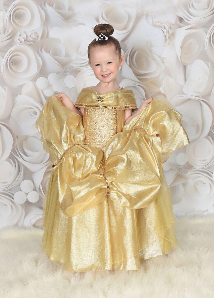 Emma's Magical Dream, gold princess dress with off shoulder sleeves, spaghetti straps, gold color