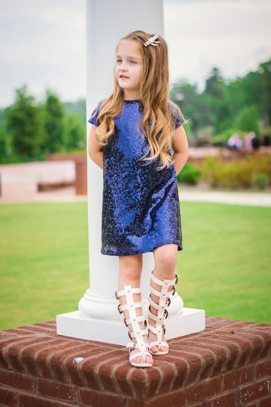 Emma's Magical Dream sequin shift dress in blue, knee length dress with hidden back zipper, flower girl, birthday party, holiday party