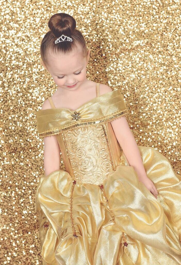 Emma's Magical Dream, gold princess dress, two strap styles - spaghetti and off the shoulder straps, lining in the skirt to add volume