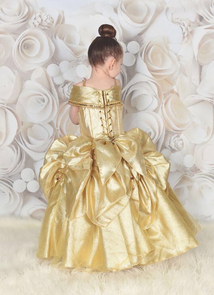 Emma's Magical Dream, gold princess dress with corset lace up back, full skirt, spaghetti and off shoulder straps