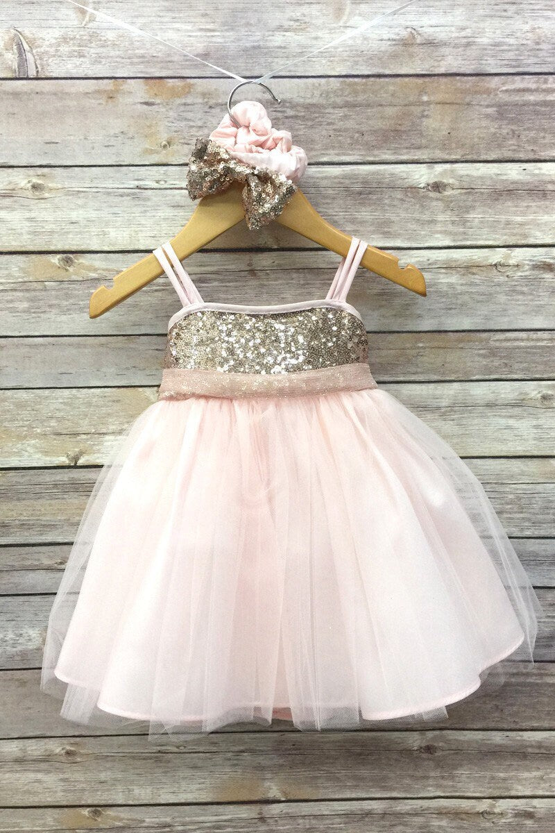 sequin tulle dress in blush 