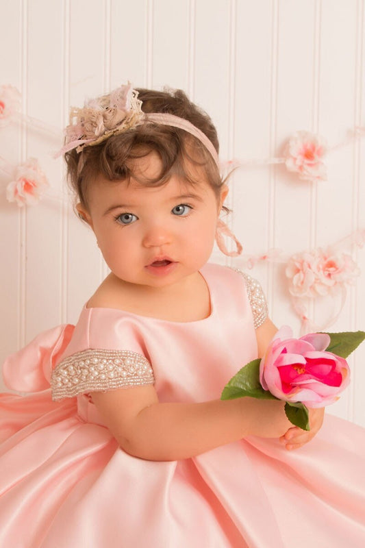 satin baby girl dress with cap sleeve and headband