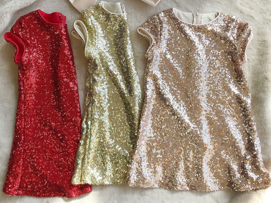 Emma's Magical Dream, shift dress, sequin dress, in blush, red, and gold. knee length with hidden back zipper