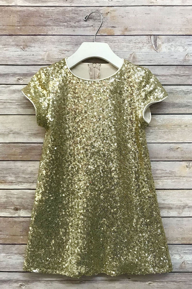 Emma's Magical Dream sequin shift dress in gold, cap sleeves, with hidden back zipper, knee length dress 