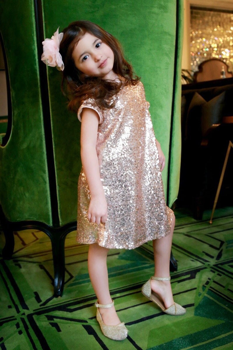 Emma's Magical Dream sequin shift dress in blush, knee length with cap sleeves and hidden back zipper