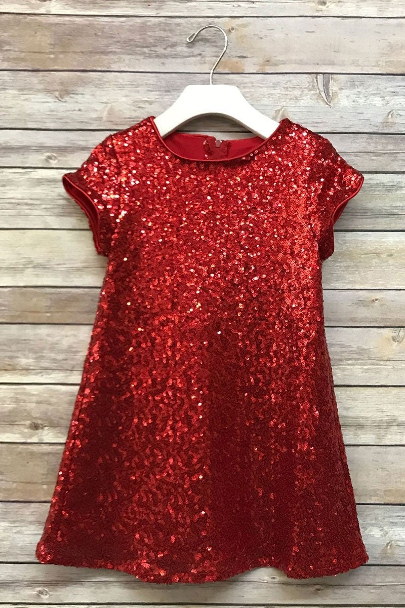 Emma's Magical Dream shift dress in red, sequin shift dress, with hidden back zipper in red. sequin dress with lining inside so it's not see through