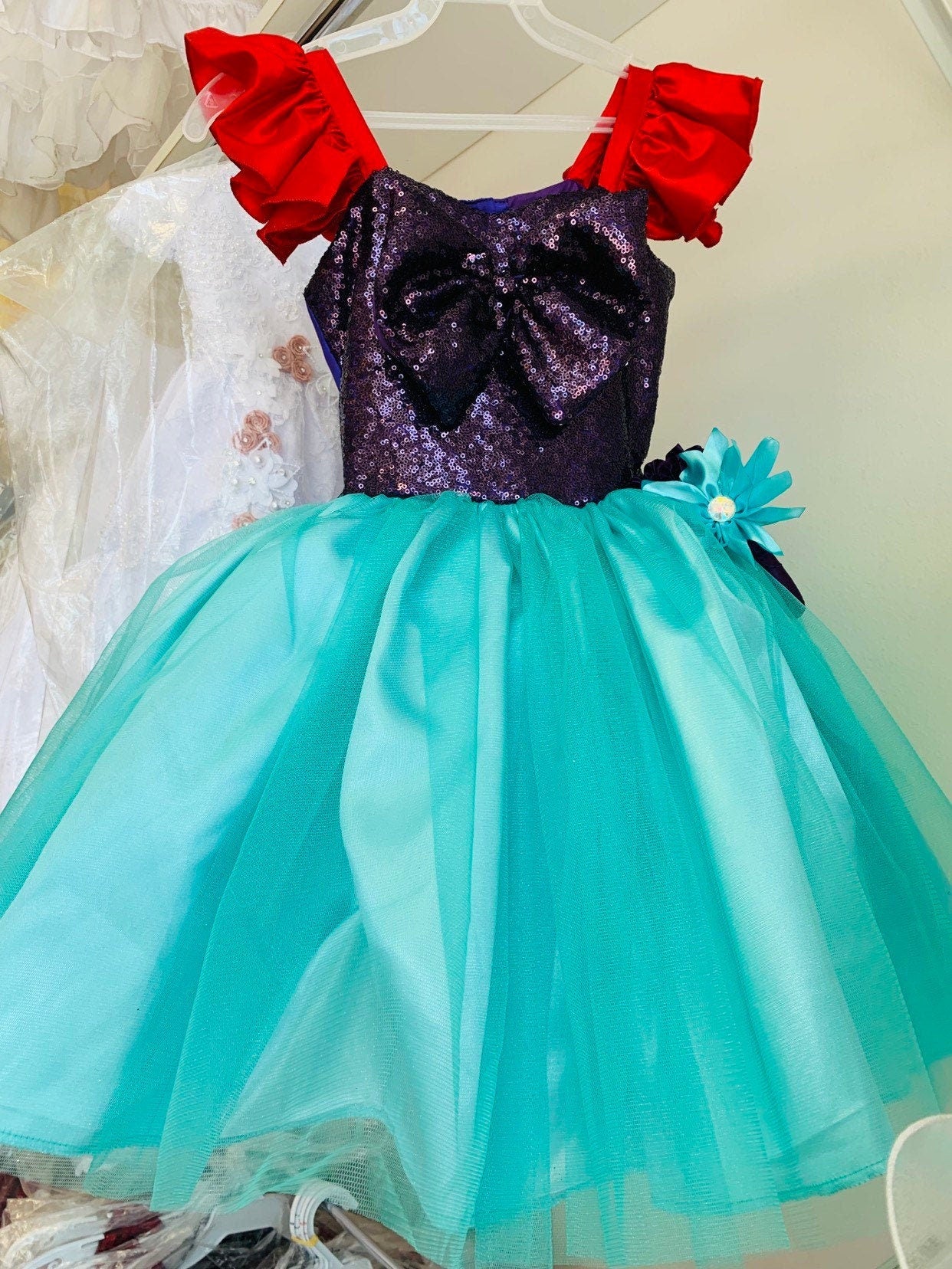 Emma's Magical Dream, Merimaid Tutu Dress, sequin top with teal tulle tutu bottom, with red ruffle sleeves