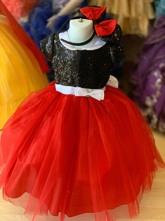 Emma's Magical Dream, mouse dress, red tulle skirt with black sequin top, ear headband, white tie around waist and ear headband