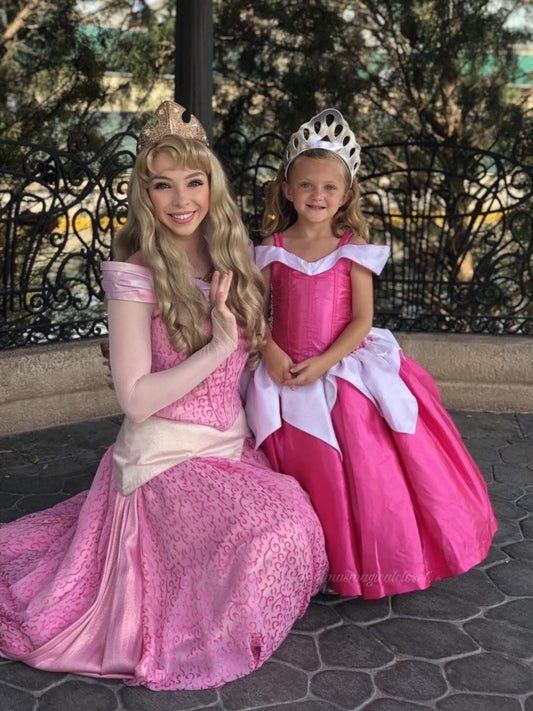 Emma's Magical Dream, polyester sleeping princess dress with off shoulder straps in bright hot pink color. features matching headband and gloves.