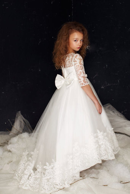 Emma's Magical Dream tulle dress, lace overlay with high-low skirt and big white bow on the back