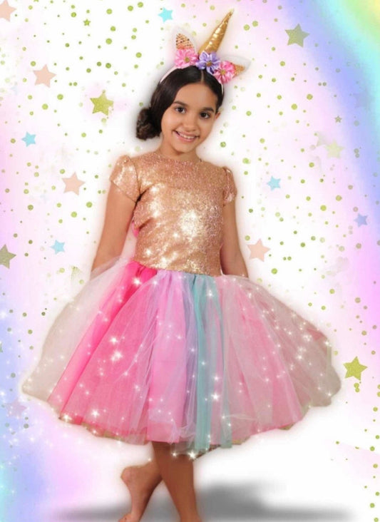 Emma's Magical Dream, unicorn dress, colorful tulle, sequin bodice and unicorn headband