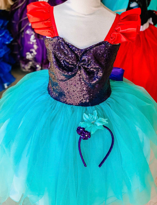 Emma's Magical Dream, Merimaid Tutu Dress, sequin top with teal tulle tutu bottom, with red ruffle sleeves
