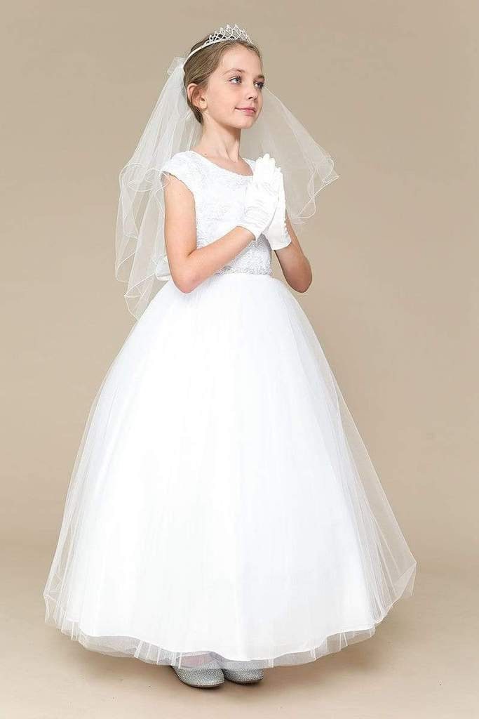 Emma's Magical Dream, First Communion dress, floor length tulle dress with netting underlay, appliqué bodice and rhinestone belt at waistline