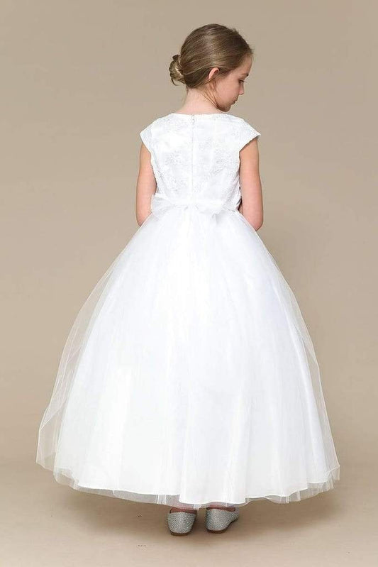 Emma's Magical Dream, floor length tulle dress with appliqué and tie belt at the waist with rhinestones, hidden back zipper