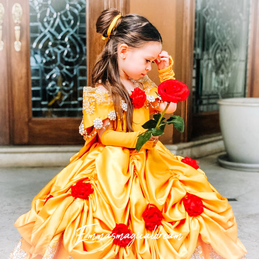 bustle princess dress with red flowers