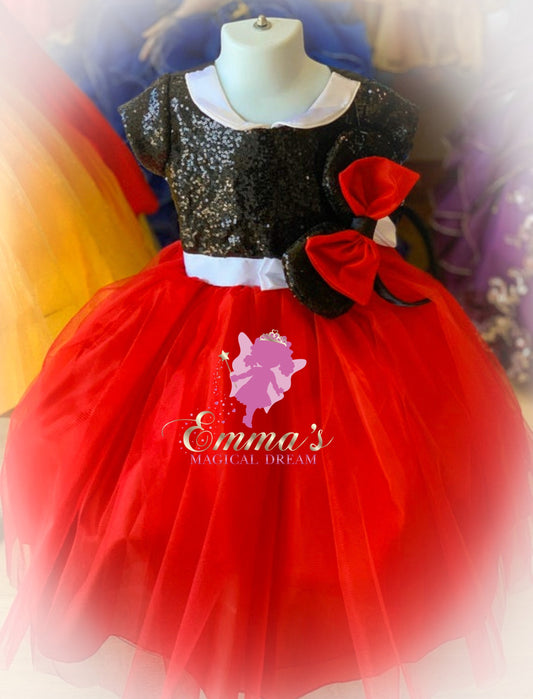 Emma's Magical Dream, mouse dress with red tulle skirt and black sequin top with white collar 