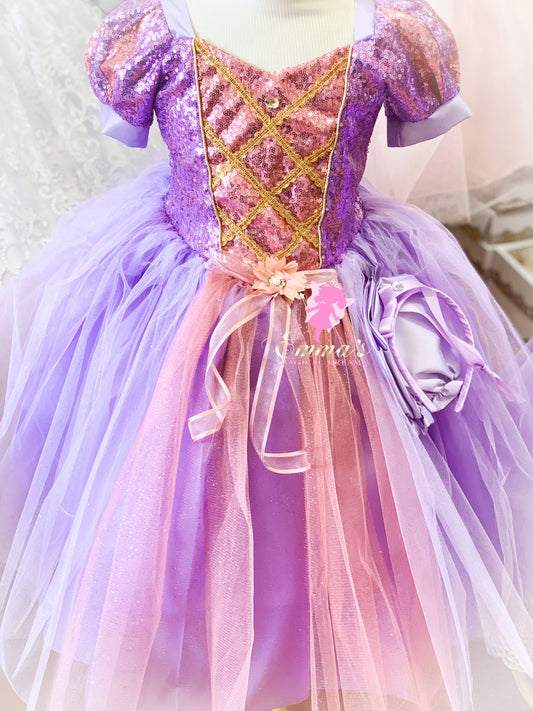 Emma's Magical Dream, purple and pink princess dress with gold lace and puff cap sleeves. Comes with headband and arm gloves