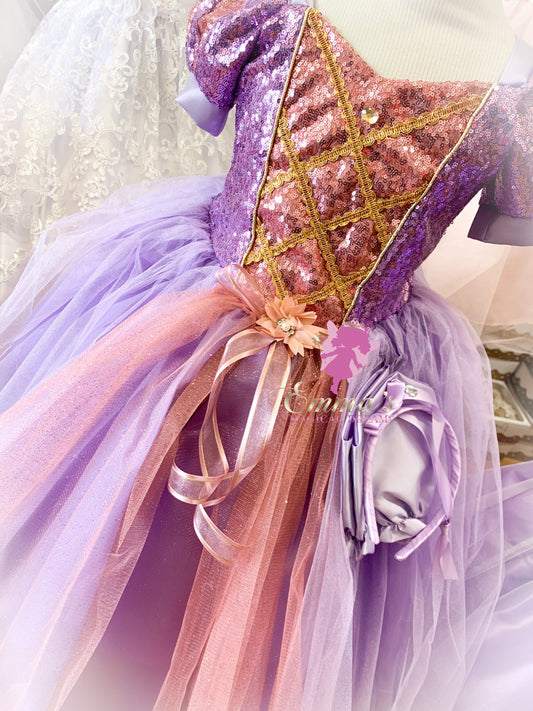 Emma's Magical Dream, purple princess dress with tulle skirt, gold lace tie, and comes with headband and gloves