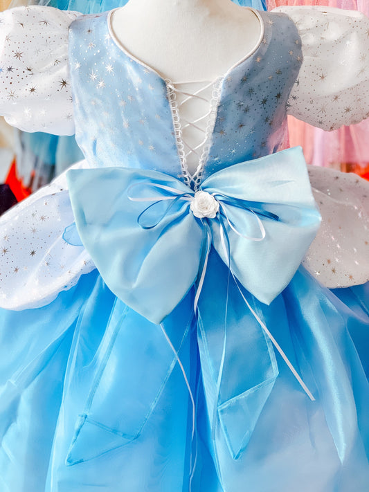 Emma's Magical Dream, blue princess dress with white pedal skirt, white collar, puffy sleeves, lace closure, and back bow