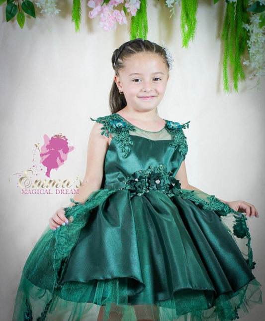 Emma's Magical Dream, up close view of Emerald Dress with floral appliqué, sweetheart mesh neckline and knee length fully lined dress