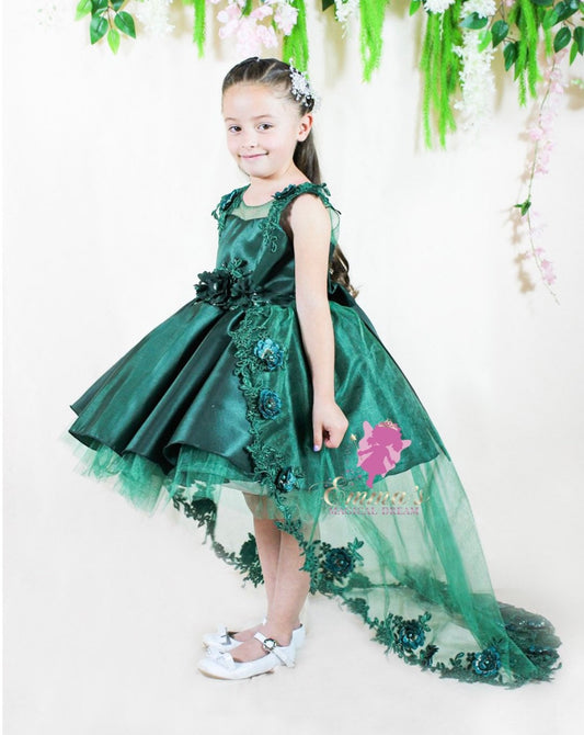 Emma's Magical Dream, Emerald dress with lace train, sheer high-low hemline and sweetheart mesh neckline