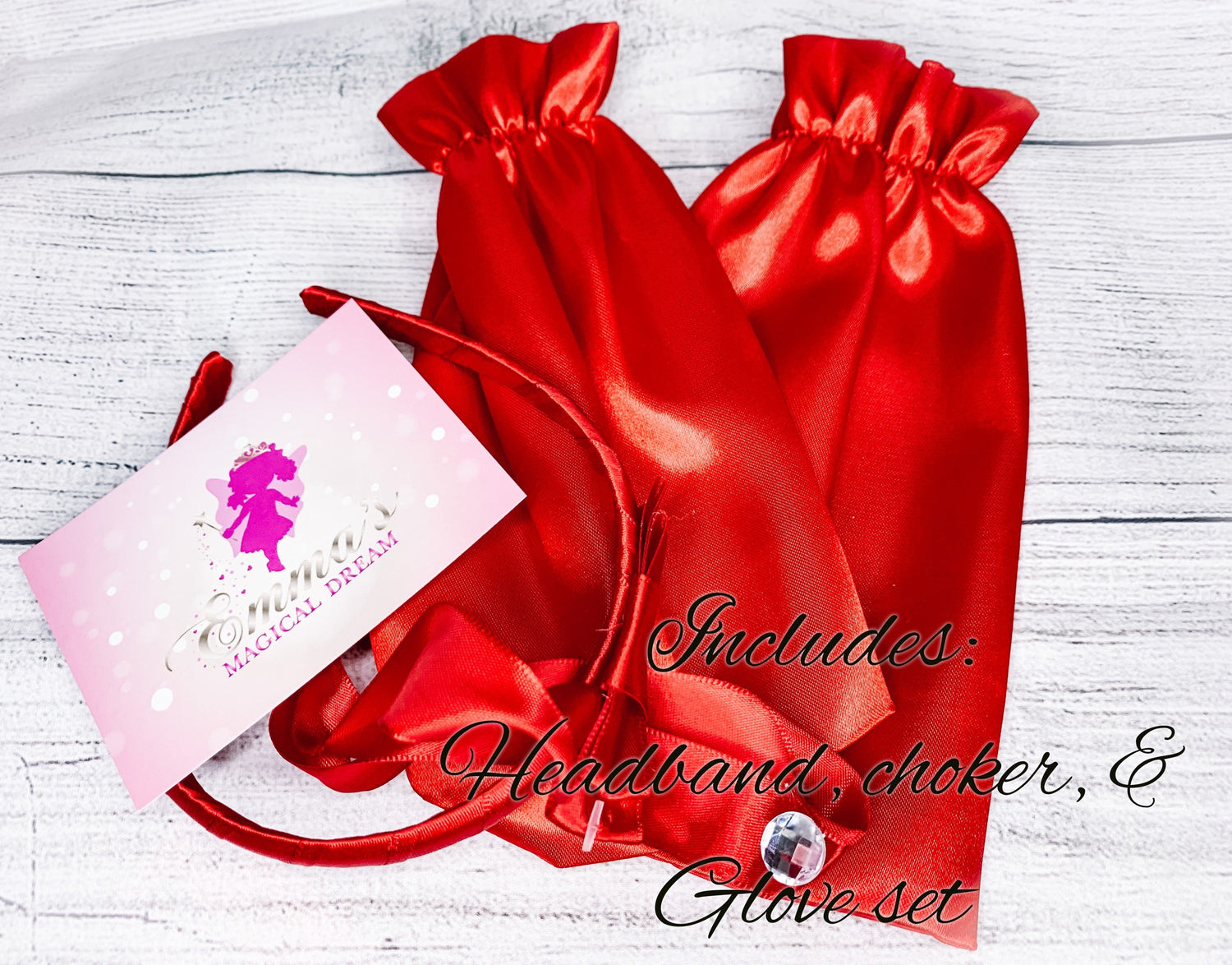 Emma's Magical Dream,Includes headband, choker necklace, and glove set. They are red in color with an Emma's Magical Dream card pictured.