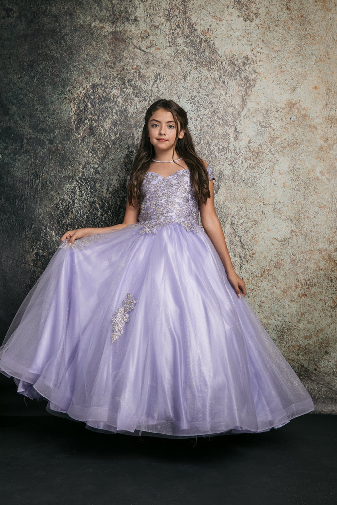 GIRLS LILAC EMBROIDERED BODICE OFF SHOULDER TULLE GOWN