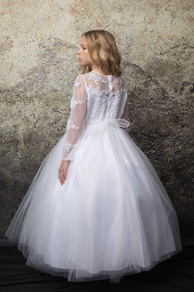 embroidered dress with long sleeves, hidden back zipper, and tulle skirt