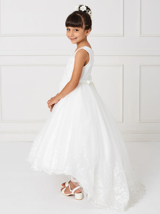 Beautiful Illusion Neckline with Lace Applique Bodice. The Lovely High Low Skirt has a Lace Hem. Has a Rear Center Zipper and a Sash Tie Back 