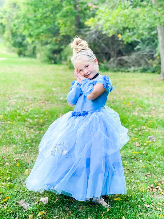 Emma's Magical Closet, princess dress, blue satin dress, tulle skirt with tulle overlay, off the shoulder sleeves, floral details