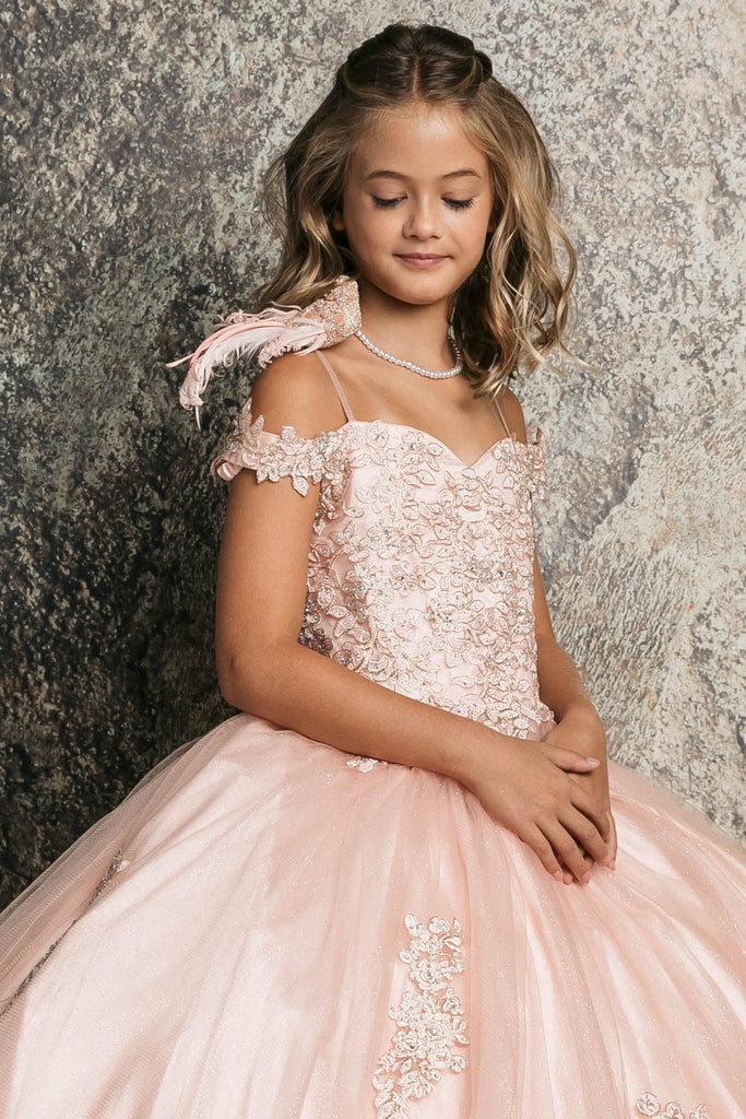 GIRLS LILAC EMBROIDERED BODICE OFF SHOULDER TULLE GOWN