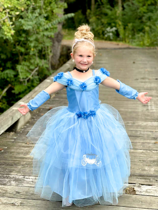 Emma's Magical Dream, magical princess dress, blue satin dress with floral accents, tulle overlay and tulle underneath the skirt